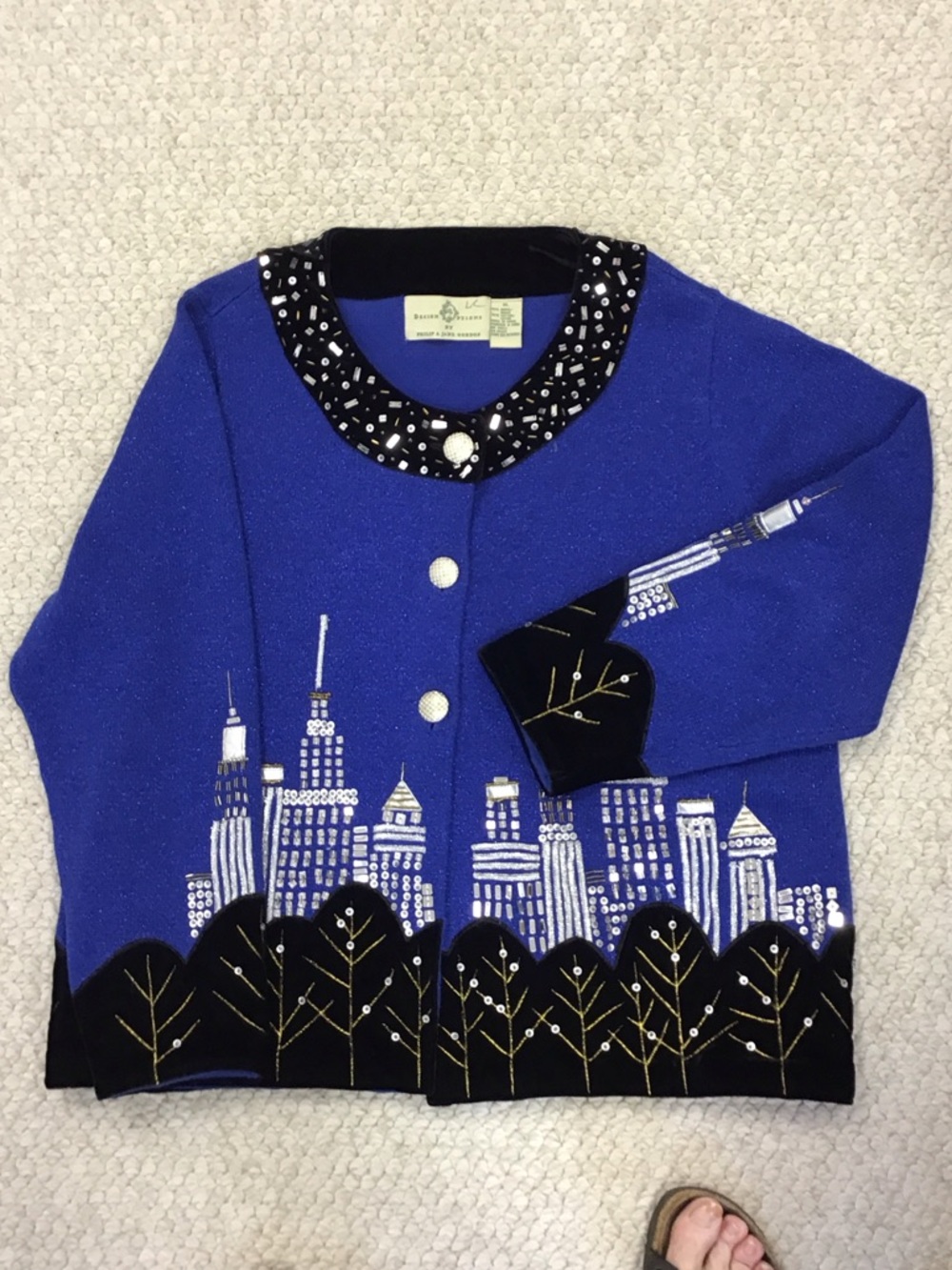 Embellished Blue Cityscape Cardigan Sweater - Women